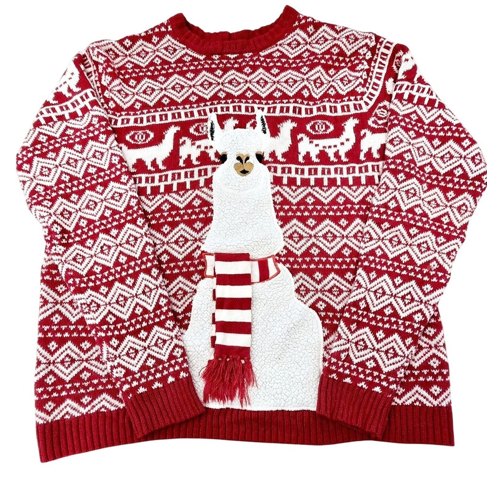 Blizzard Bay Red Fair Isle 3D Llama Ugly Christmas Sweater Scarf Mens‎ Womens XL